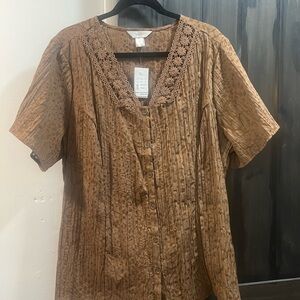 CJ Banks Brown Pleated Blouse with Buttoned Details